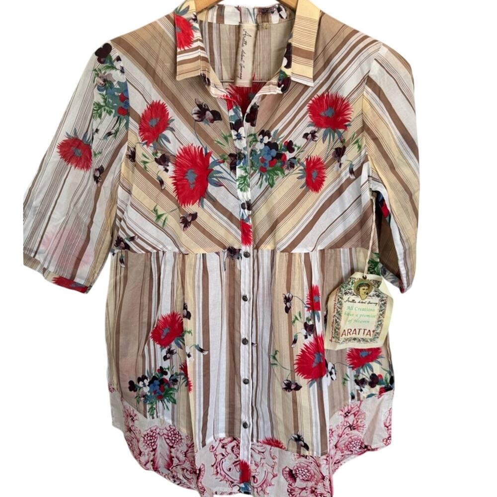 ARATTA Poppy Floral Striped Button Down Blouse Distressed Hem Sz Small